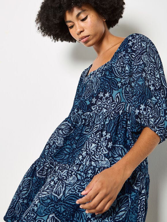 Floral Print Tiered Mini Dress, Navy, large