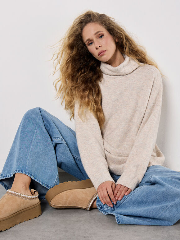 Oversized Roll Neck Tunic Jumper, Cream, large