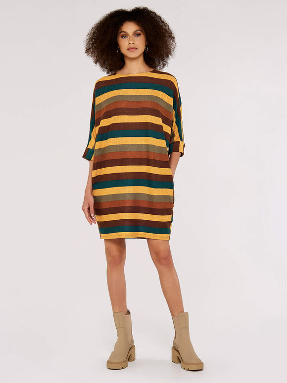 Striped Cocoon Batwing Dress, Khaki, large