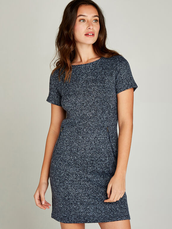Navy Textured Pocket Shift Dress, Navy, large