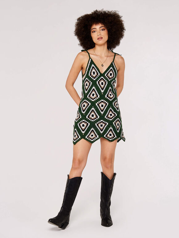Granny Crochet Mini Dress, Green, large