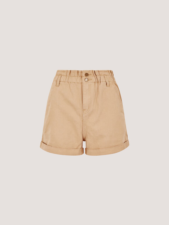 Ruched Denim Rolled Hem Shorts, Stone, large