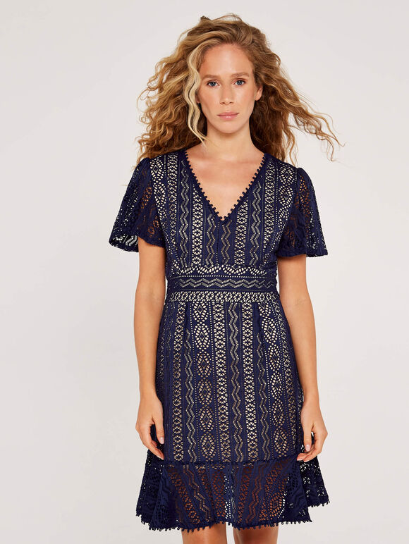 Lace V Neck Dress, Navy, large