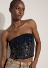 Fringe Sequin Bandeau Crop Top, Navy, large
