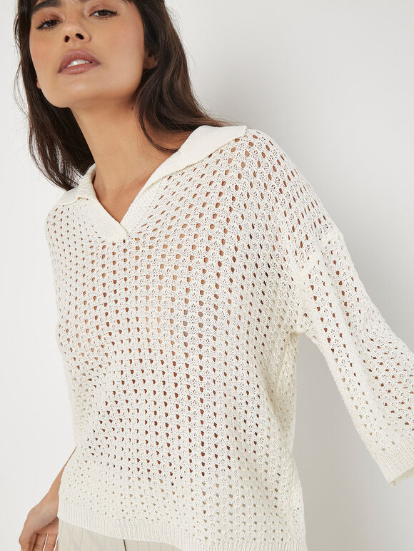 Open Stitch Knitted Top, White, large