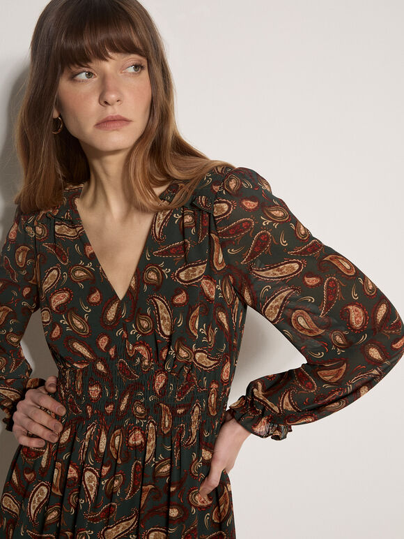 Chiffon Ruffle Paisley Mini Dress, Green, large