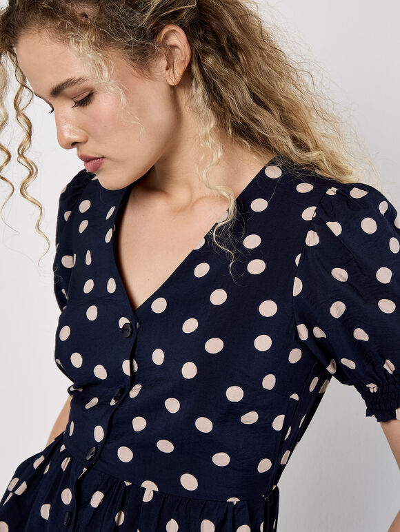 Polka Dot Button-Down Midi Dress, Navy, large