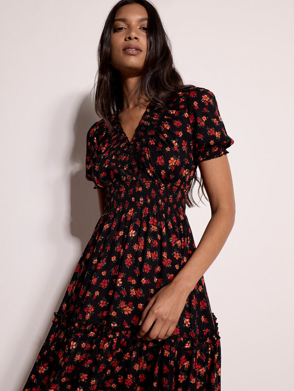 Floral Print Smocked Mini Dress, Black, large