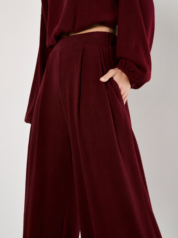 Ribbed Knit Wide Leg Trousers, Burgundy, large