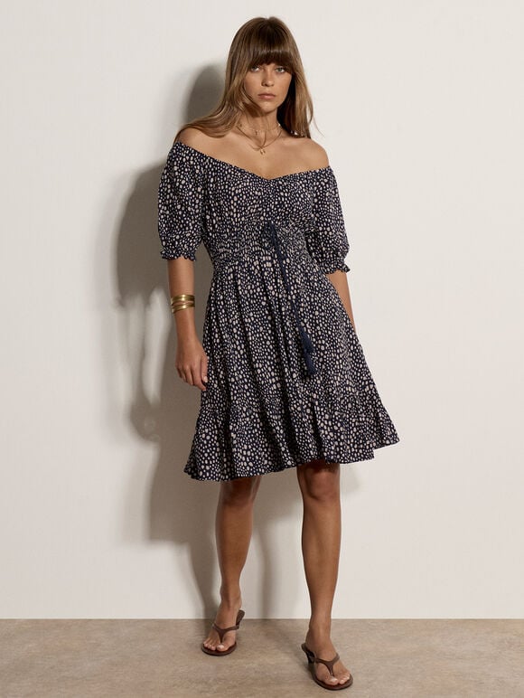 Irregular Spot Bardot Mini Dress, Navy, large