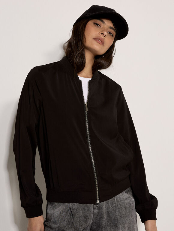 Lightweight Woven Bomber Jacket, Black, large