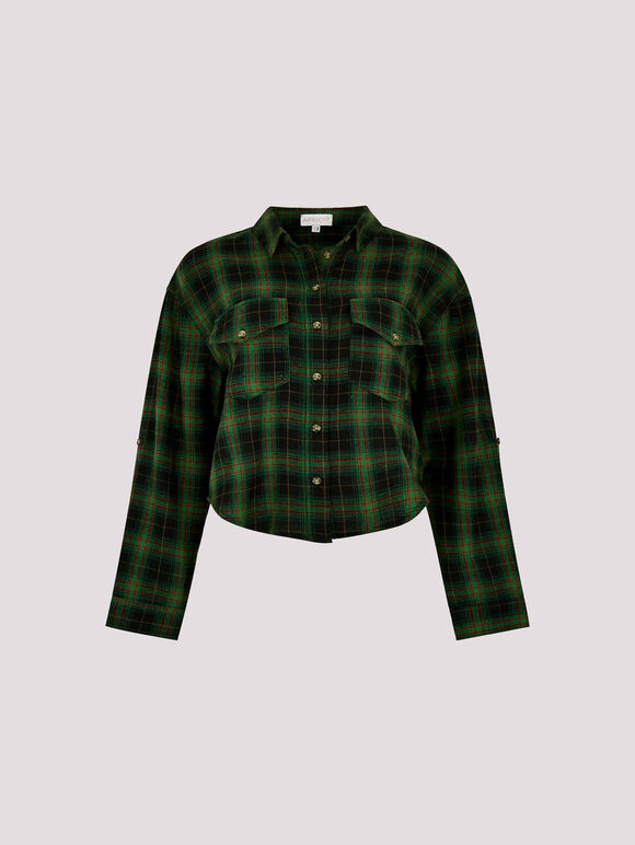 Check Print Cropped Shirt, Black, large