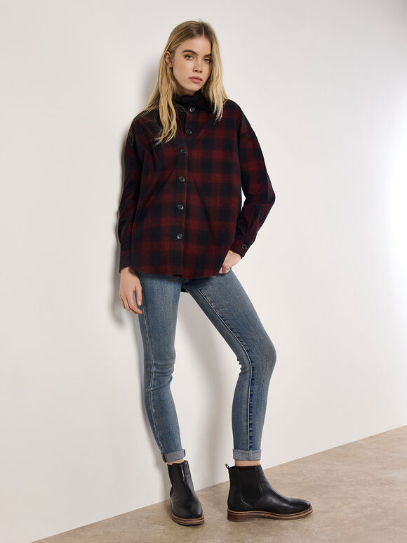 Oversized Check Corduroy Shirt, Red, large