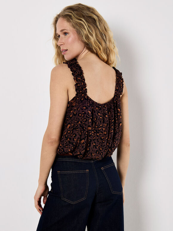 Animal Print Bubble Hem Cami Top, Brown, large