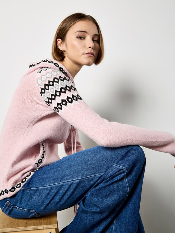 Diamond Pattern Hooded Jumper, Pink, large