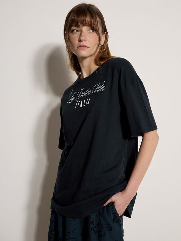 La Dolce Vita Embroidered T-Shirt, Navy, large