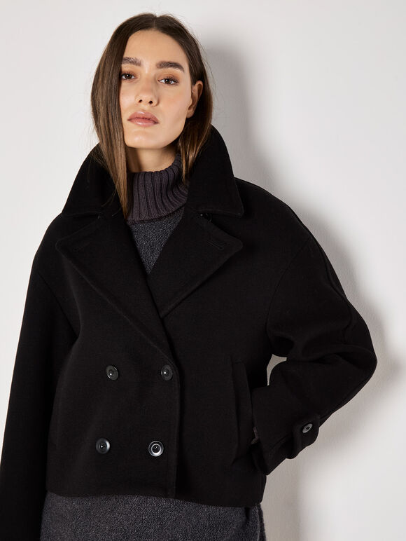 Double Breasted Pea Coat, Black, large