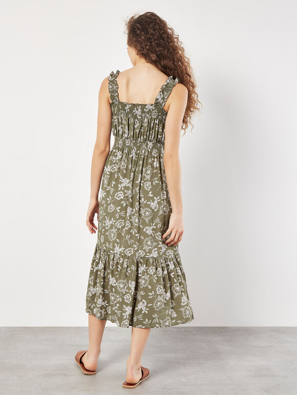 Floral Silhouette Smocked Midi Dress, Khaki, large