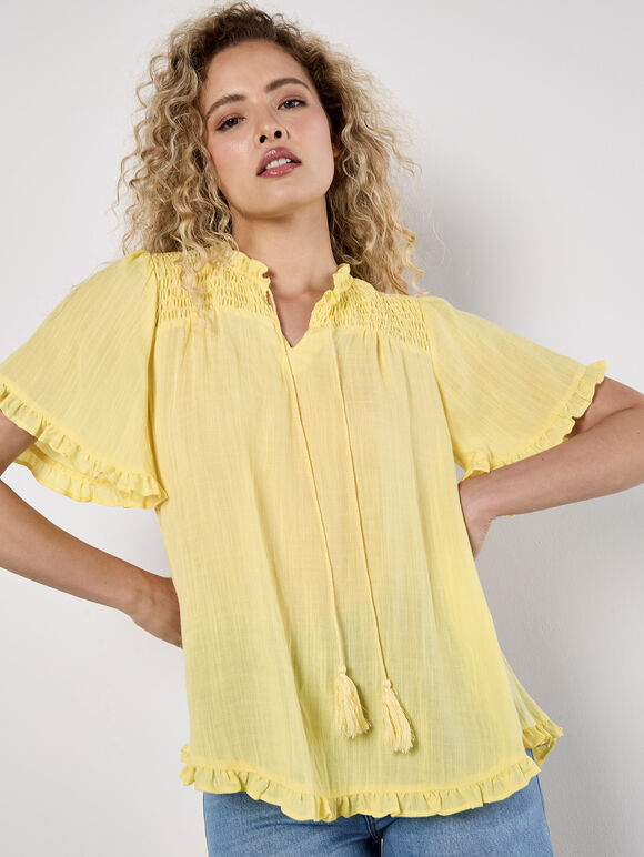 Smocked Ruffle Top, Yellow, large