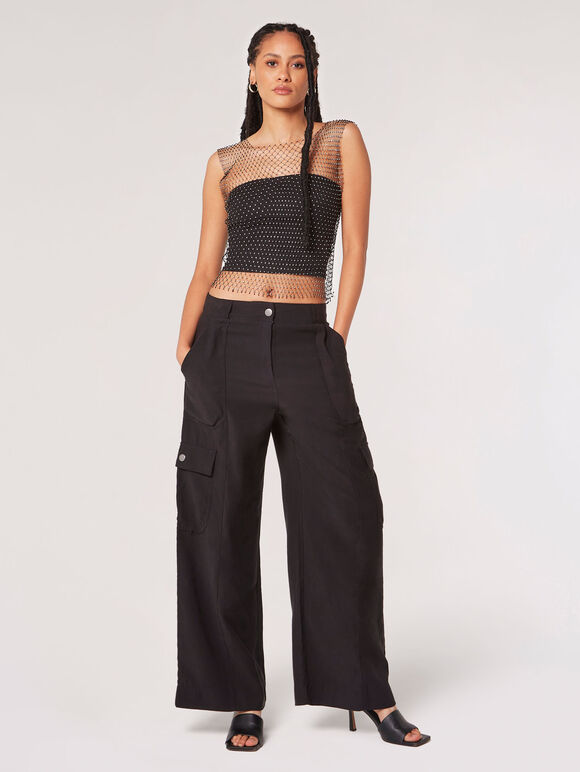 Rhinestone Mesh Tank Top, Black, large