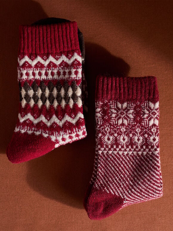 Fair Isle Patterned Socks, Red, large