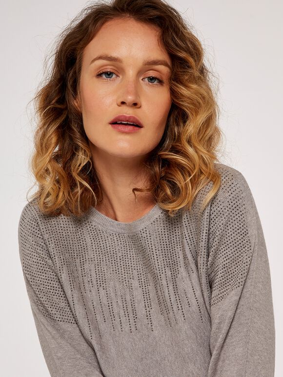 Stud Embellished Batwing Jumper, Grey, large