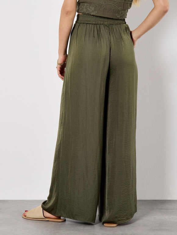 Textured Satin Wide Leg Trousers, Khaki, large