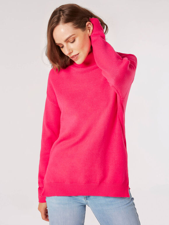 Side Zip Roll Neck Jumper, Fuchsia, large