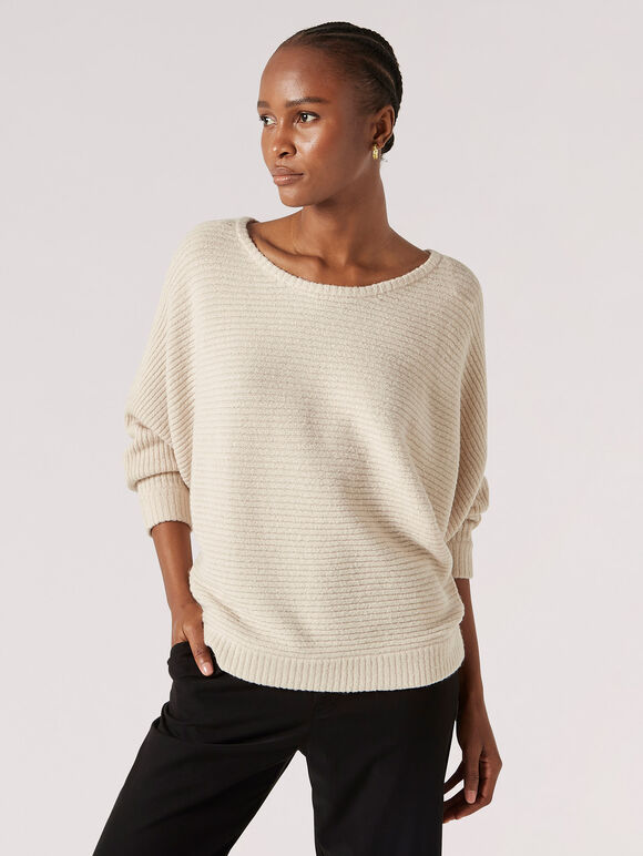 Oversized Ribbed Knit Top, Stone, large