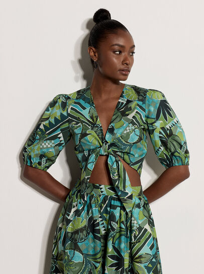 Tropical Leaf Cotton Tie Front Top