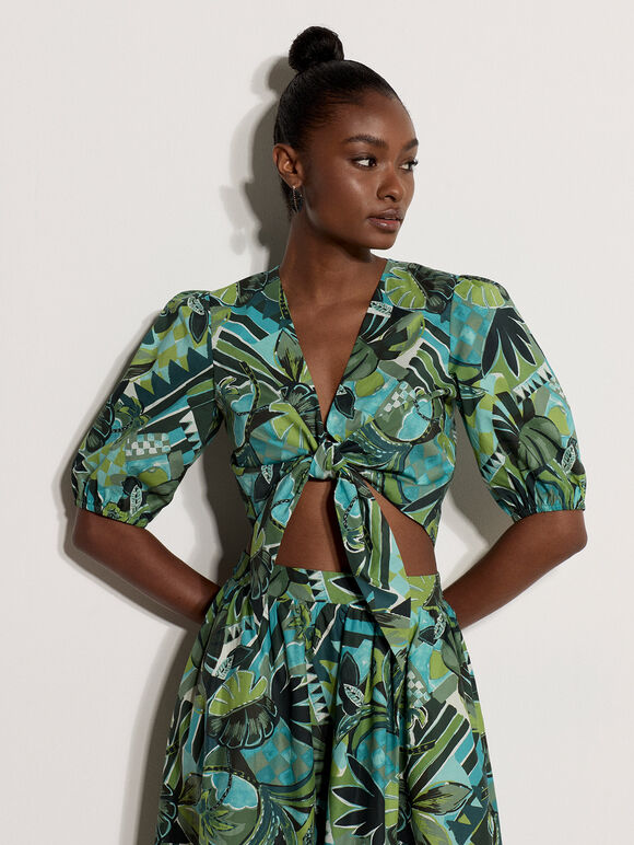 Tropical Leaf Patchwork Tie Front Top, Aqua - Turquoise, large