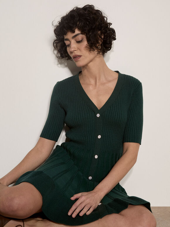 Ribbed Knit Fit And Flare Mini Dress, Green, large