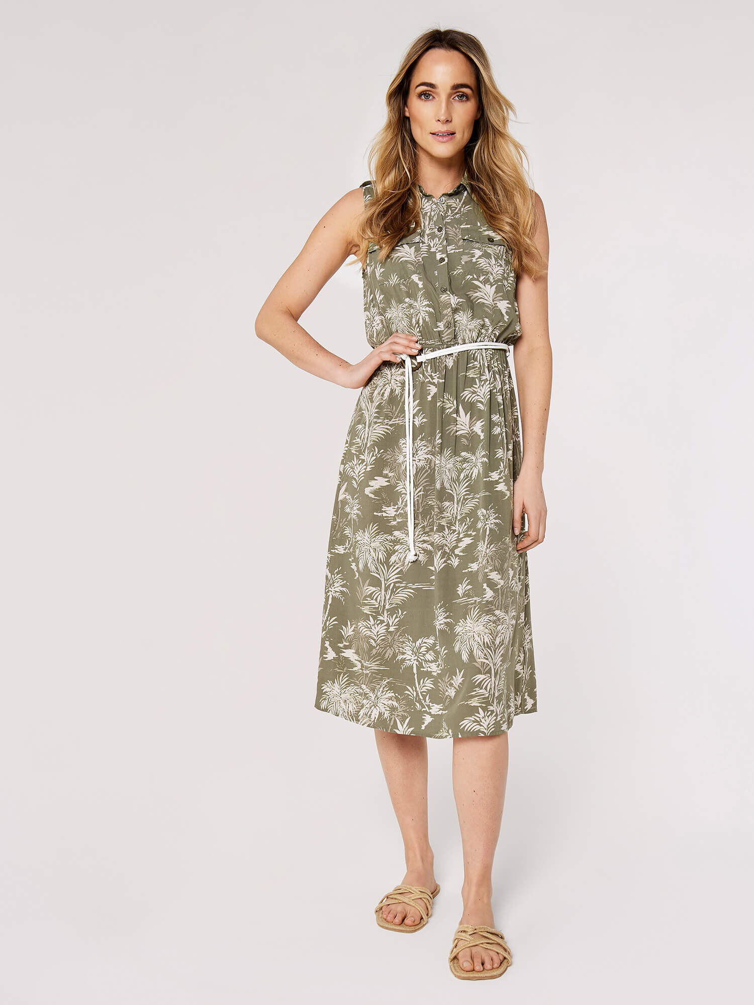 Palm Scene Midi Dress Apricot Clothing