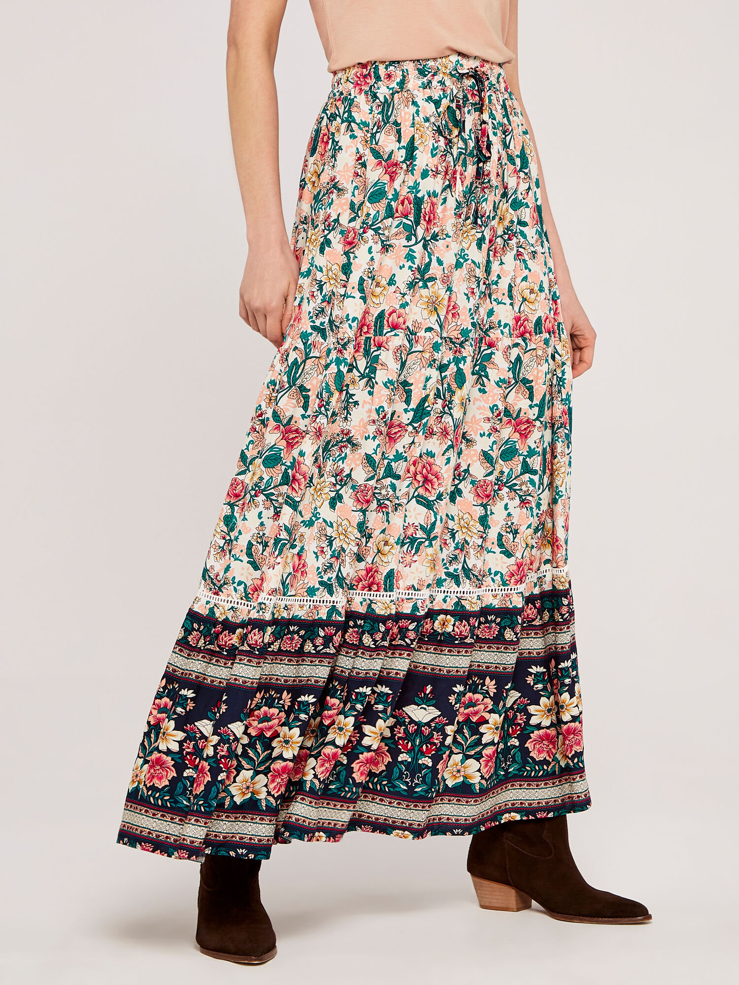 Floral Border Skirt Apricot Clothing