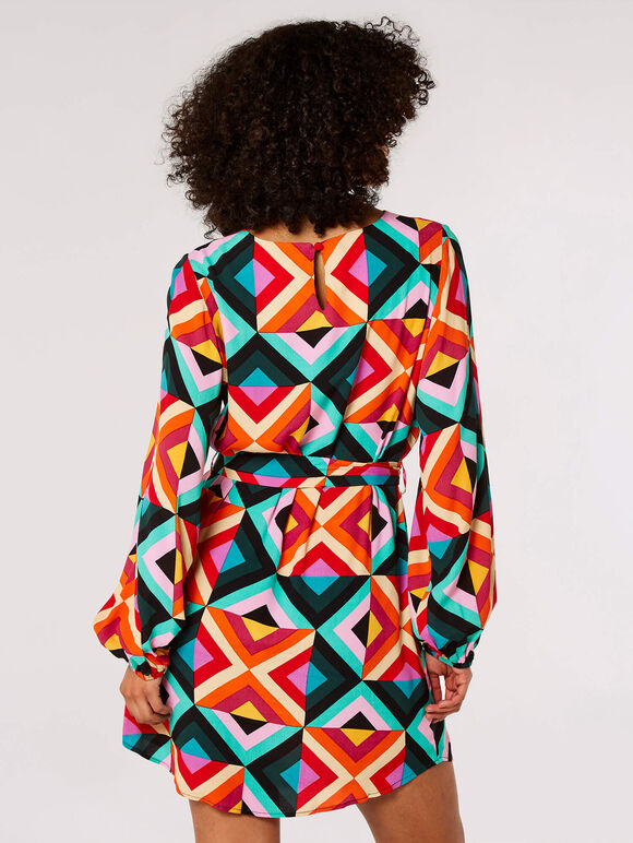 Retro Geometric Belted Mini Dress, Aqua - Turquoise, large