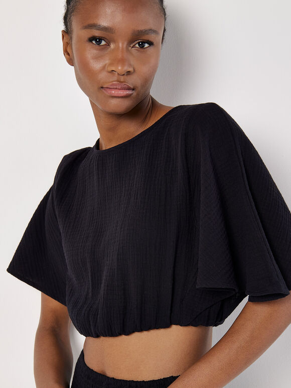 Textured Cotton Crop Top, Black, large