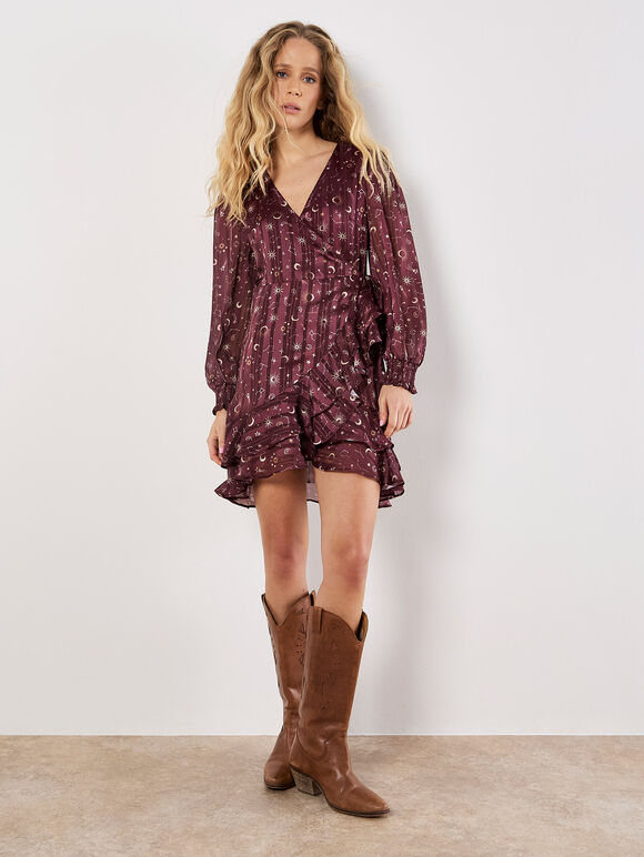 Constellation Ruffle Wrap Satin Mini Dress, Burgundy, large