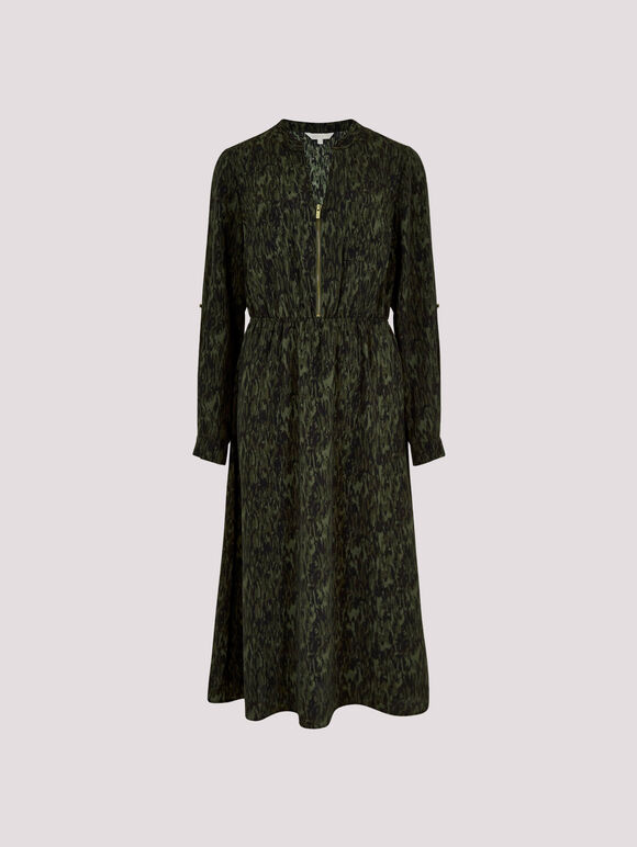 Texture Print Zip Midi Dress, Green, large