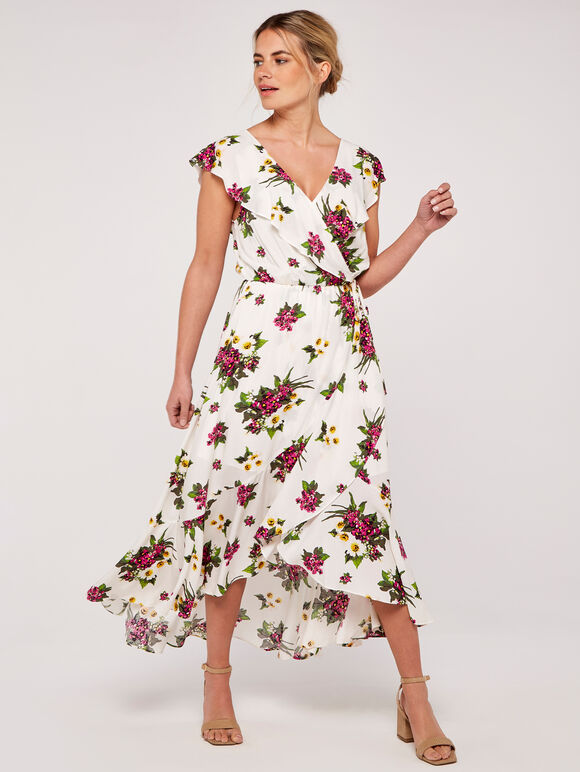 Floral Bouquet Ruffle Midi Dress, Cream, large