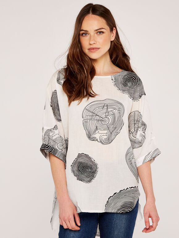 Wood Print Oversized Top, Cream, large