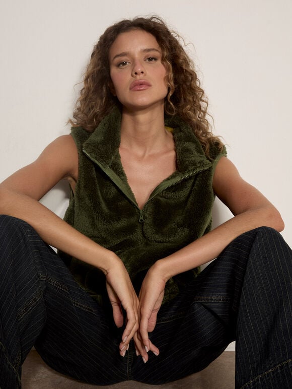Fleece Zip-Through Gilet, Khaki, large