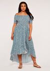 Curve Vintage Ditsy Smock Bardot Dress, Aqua - Turquoise, large