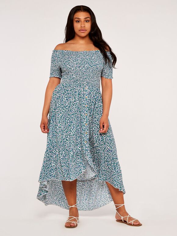 Curve Vintage Ditsy Smock Bardot Dress, Aqua - Turquoise, large