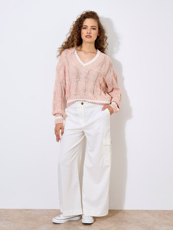 Cropped Cable Cricket Jumper, Pink, large
