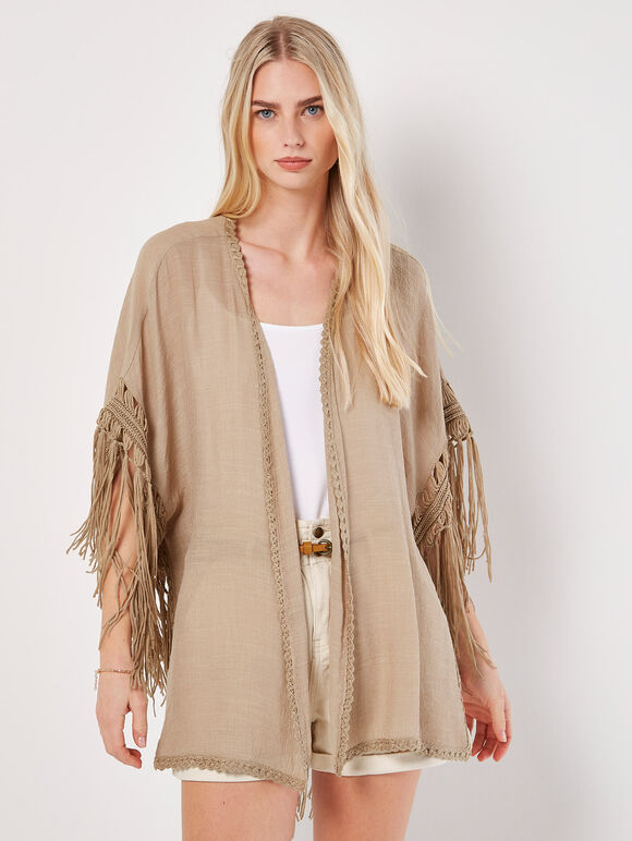 Slub Shimmer Fringe Cover-Up Cardigan, Stone, large