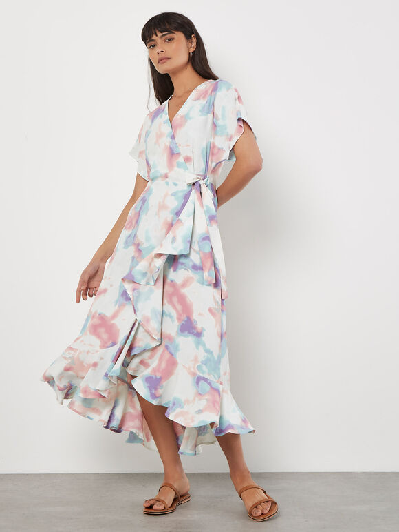 Watercolour Ruffle Wrap Midi Dress, Mint, large