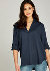 Collarless Three-Quarter Length Sleeve Top, Navy, large