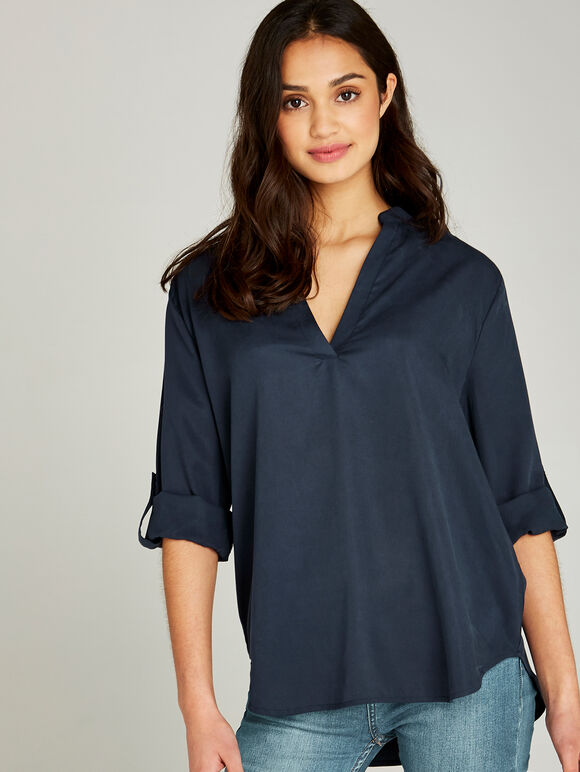 Collarless Three-Quarter Length Sleeve Top, Navy, large