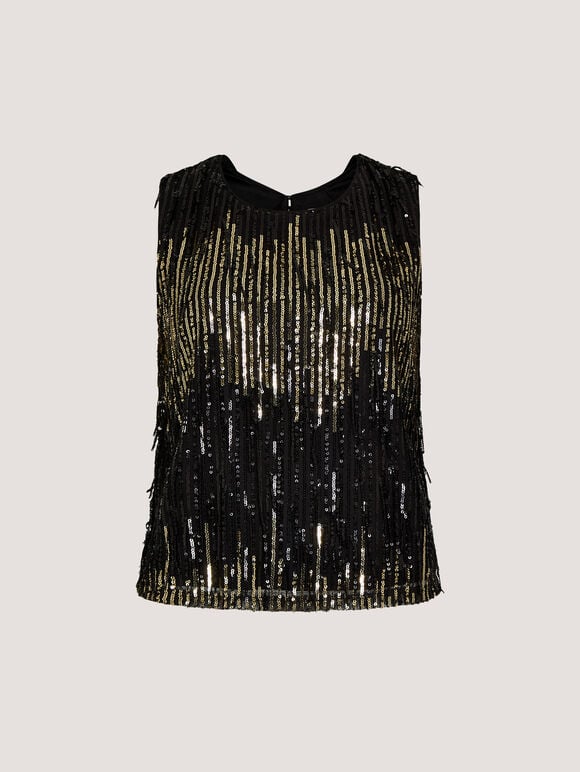 Sequin Fringe Top, Black, large