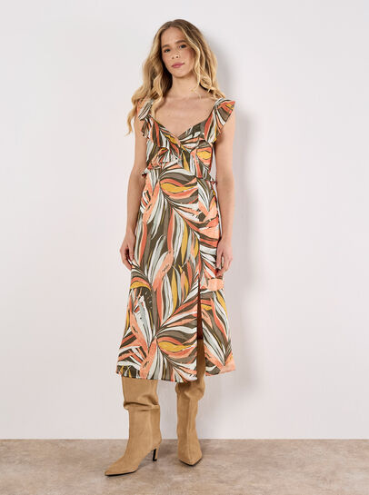 Palm Print Ruffle Midi Dress